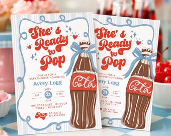 Faire-part de baby shower Elle est prête à éclater, modèle d'invitation rétro soda, coca bleu et rouge