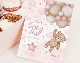 Rosa Teddybär Erster Geburtstag Einladungsvorlage (Digitaler Download)