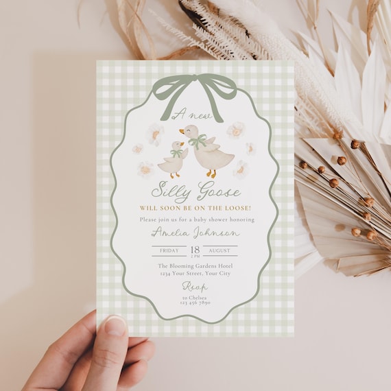 Sage Green Gingham Silly Goose Invite, Goose Baby Shower Invitation, Gender Neutral Printable Card