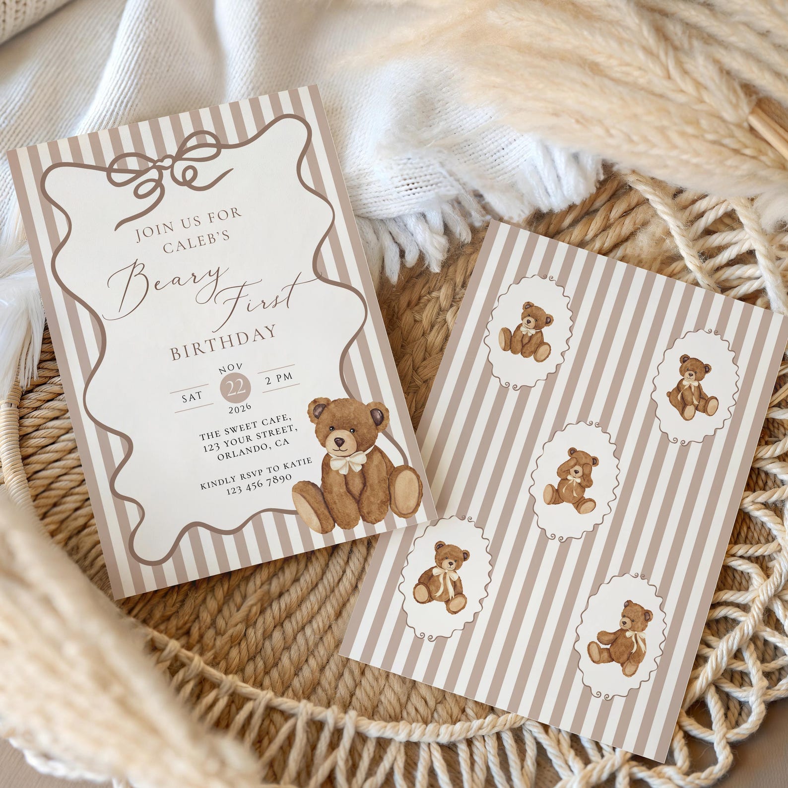 Beary First Birthday Invitation Template: Boho Teddy Bear 1st Birthday ...