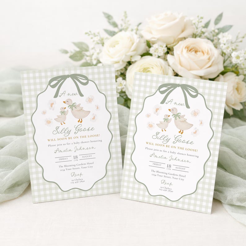 May include: Two baby shower invitations with a light green gingham pattern. Each card features a whimsical illustration of geese and the text "Silly Goose." The invitations are adorned with a decorative bow and floral accents.