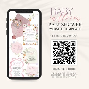 May include: A smartphone displaying a Baby in Bloom baby shower website template with floral graphics, an envelope, and cards for a registry, diaper raffle, books for baby, and RSVP. A large QR code is provided to scan for a live preview of the site.