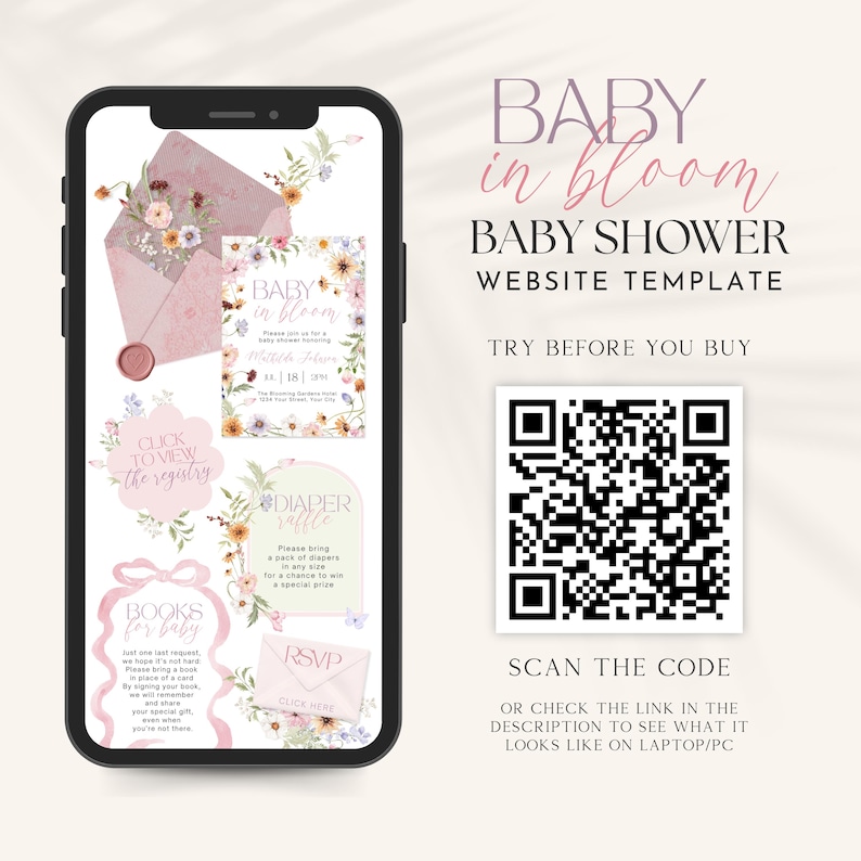 May include: A smartphone displaying a Baby in Bloom baby shower website template with floral graphics, an envelope, and cards for a registry, diaper raffle, books for baby, and RSVP. A large QR code is provided to scan for a live preview of the site.