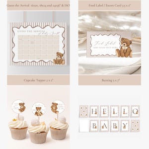 Op de afbeelding: Een verzameling baby shower decoraties met een teddybeer thema. Inclusief een "Guess the Arrival" kalender, voedsel labels, cupcake toppers en een "Hello Baby" banner. Het kleurenschema is zacht beige en bruin met gestreepte accenten.