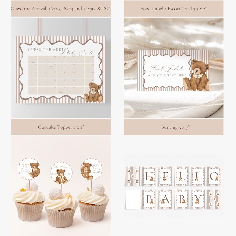 Op de afbeelding: Een verzameling baby shower decoraties met een teddybeer thema. Inclusief een "Guess the Arrival" kalender, voedsel labels, cupcake toppers en een "Hello Baby" banner. Het kleurenschema is zacht beige en bruin met gestreepte accenten.