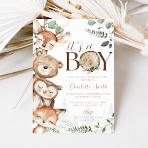 Wald-Babypartyeinladung Junge-Babyparty-Einladung, bearbeitbare Waldeinladungsvorlage, Waldtier-Babyparty-Einladung