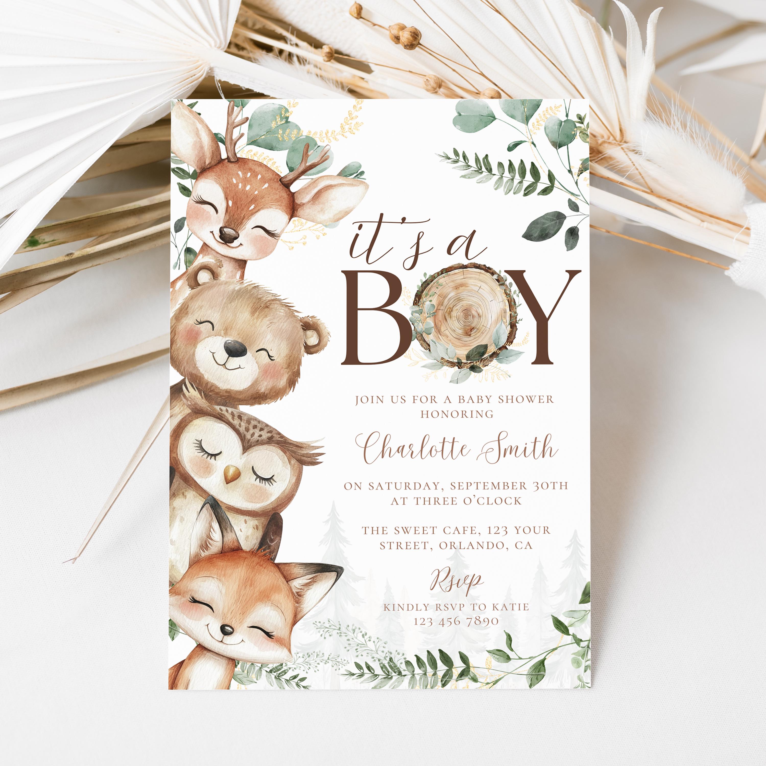 Woodland Baby Boy Shower Invitation, Boy Baby Shower Invite, Editable Woodland Invitation Template, Forest Animal Baby Shower Invite