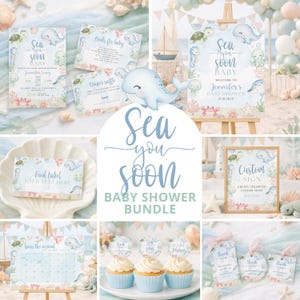 K&ouml;nnte beinhalten: Ein Babyparty-Set mit Meeresmotiven. Enth&auml;lt Einladungen, Schilder, Cupcake-Topper und Dankeskarten. Designs zeigen Wale, Meeresschildkr&ouml;ten und andere Meereslebewesen in sanften Blau- und Korallt&ouml;nen. Der Text "Sea you soon" ist prominent.