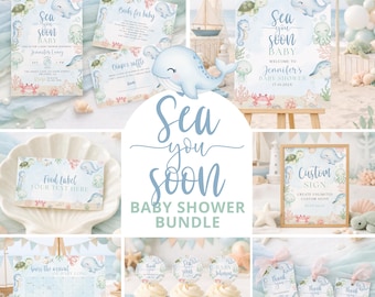 Sea You Bald Baby Shower Bundle, unter dem Meer einladen, Ozean-Spiele, Schilder & mehr