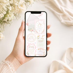 K&ouml;nnte beinhalten: Ein Smartphone zeigt Babyparty-Einladungen und zugeh&ouml;rige Karten. Die Designs zeigen rosa und wei&szlig;e Blumenarrangements, Enten und Vichy-Muster. Der Text enth&auml;lt "Baby Shower", "Diaper Raffle" und "Books for Baby".