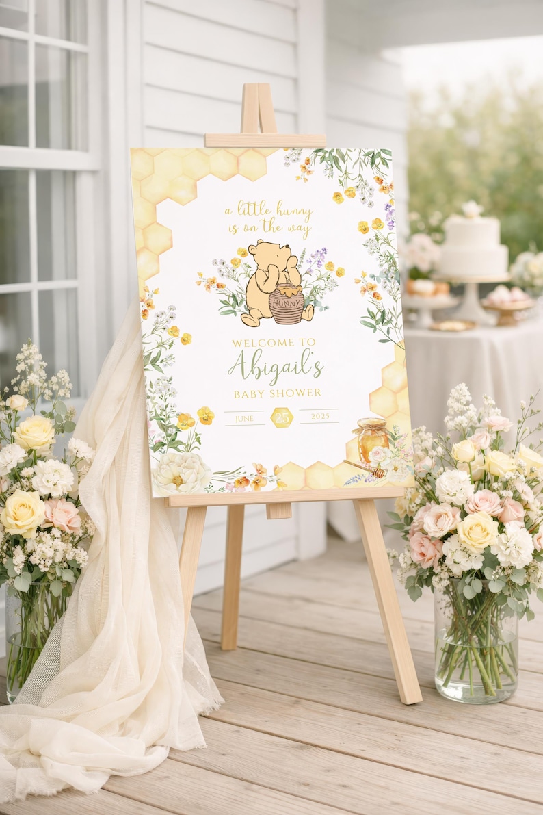 Plantilla de cartel de bienvenida para baby shower de Winnie the Pooh: Mielito (Descarga digital) imagen 2