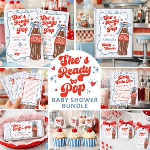 ベビーシャワーセット「She’s Ready to Pop」、ダーティーソーダのゲーム＆サイン、編集可能なCanvaテンプレート