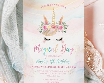 Plantilla de invitación de cumpleaños de unicornio arcoíris: invitación para fiesta pastel (Canva)