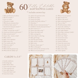 Op de afbeelding: Babyshower-spelset met 60 volledig bewerkbare spellen, inclusief antwoordsleutel. De set bevat kaarten met verschillende spelvragen en een teddybeer-afbeelding. Kaarten meten 12,7 x 8,9 cm.