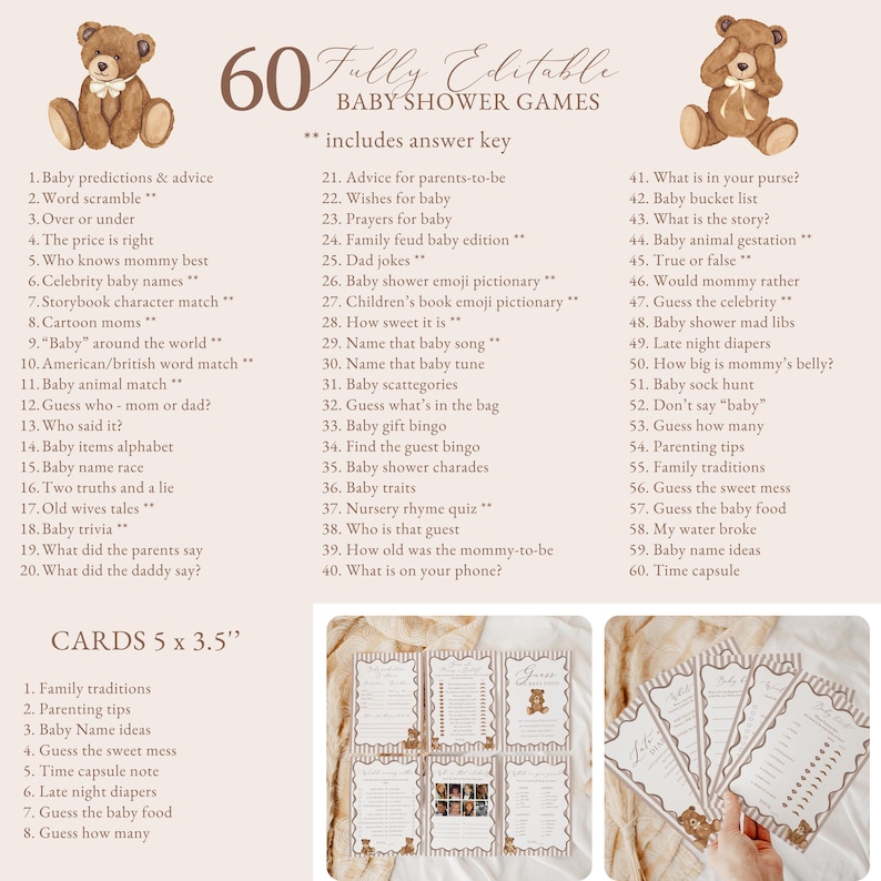 Op de afbeelding: Babyshower-spelset met 60 volledig bewerkbare spellen, inclusief antwoordsleutel. De set bevat kaarten met verschillende spelvragen en een teddybeer-afbeelding. Kaarten meten 12,7 x 8,9 cm.