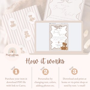 Op de afbeelding: Een ontwerp voor een babyborreluitnodiging met een teddybeerthema. Het ontwerp bevat een laptop met de uitnodiging, bijpassende labels en instructies. Op de uitnodiging staat "We Can Bearly Wait" en bevat evenementdetails. Het ontwerp heeft een neutraal kleurenpalet.