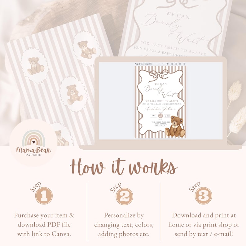 Op de afbeelding: Een ontwerp voor een babyborreluitnodiging met een teddybeerthema. Het ontwerp bevat een laptop met de uitnodiging, bijpassende labels en instructies. Op de uitnodiging staat "We Can Bearly Wait" en bevat evenementdetails. Het ontwerp heeft een neutraal kleurenpalet.