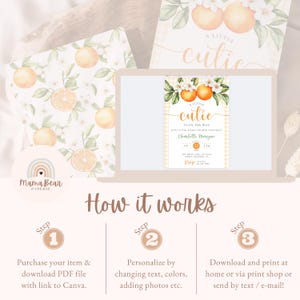 Peut inclure: Une invitation num&eacute;rique avec des &eacute;l&eacute;ments floraux orange et blancs, avec le texte "A Little Cutie is on the Way". La conception comprend un ordinateur portable affichant l'invitation, ainsi que de la papeterie coordonn&eacute;e. Le logo Mama Bear Paperie est visible.