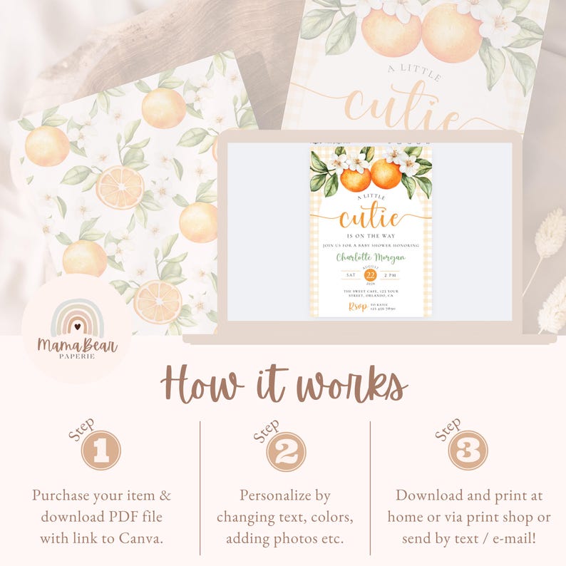 Peut inclure: Une invitation num&eacute;rique avec des &eacute;l&eacute;ments floraux orange et blancs, avec le texte "A Little Cutie is on the Way". La conception comprend un ordinateur portable affichant l'invitation, ainsi que de la papeterie coordonn&eacute;e. Le logo Mama Bear Paperie est visible.
