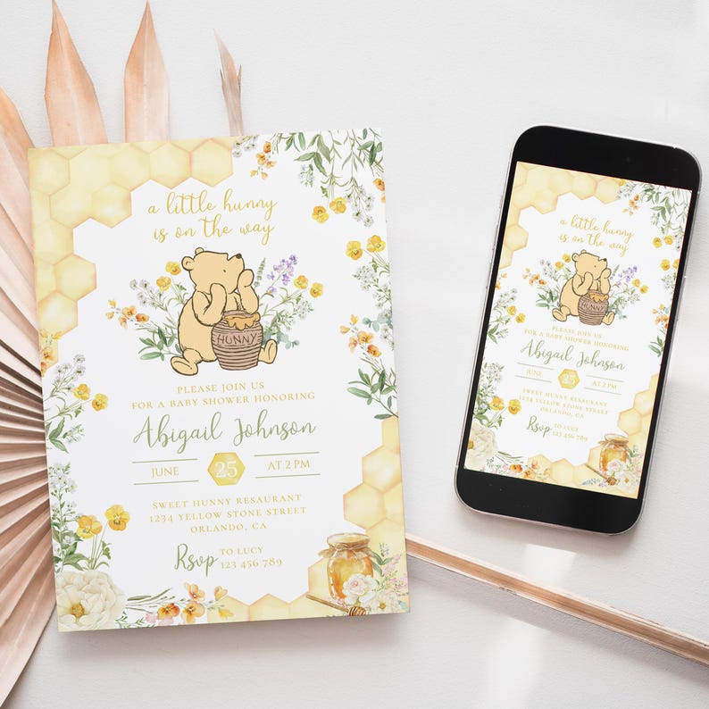 May include: A baby shower invitation featuring a Winnie the Pooh theme. The invitation has a yellow and white floral design with honeycomb accents. The text reads "a little hunny is on the way" and includes event details.