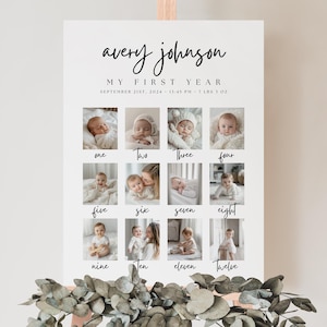 Mijlpaal verjaardagsteken, minimalistisch eerste verjaardagsfotobord, mijlpaalposter 1e verjaardag, eerste 12 maanden fotobord, eerste jaar baby