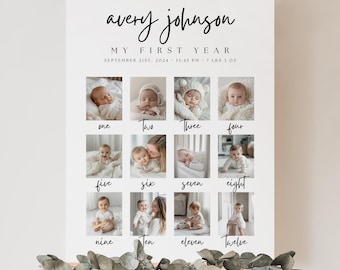 Peut inclure: Une affiche blanche avec le texte "avery johnson MY FIRST YEAR SEPTEMBER 21ST, 2024 13:45 PM 7 LBS 3 OZ" et une grille de 12 photos d'un bébé à différents âges.