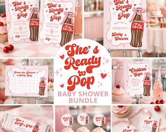 She's Ready to Pop Baby Shower Bundle, Red and Pink Retro Soda Canva Template