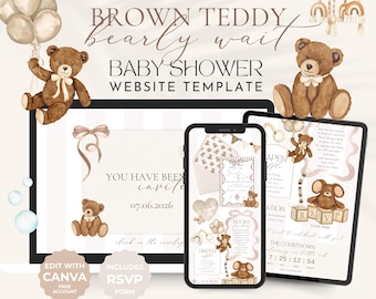 Websitesjabloon uitnodiging babyshower teddybeer, genderneutraal Bearly Wait bewerkbare RSVP-uitnodiging