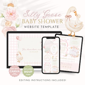 K&ouml;nnte beinhalten: Eine Website-Vorlage f&uuml;r eine Babyparty mit dem skurrilen Thema "Silly Goose". Das Design zeigt eine G&auml;nse-Illustration, rosa und wei&szlig; karierte Muster und den Text "Baby Shower". Die Vorlage wird auf einem Tablet, Telefon und Computer angezeigt.