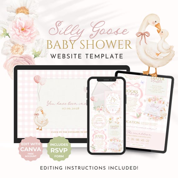 Silly Goose Baby Shower Website Invitation, Pink Goose Invite, Canva Template