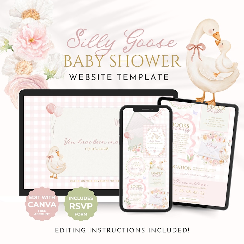 K&ouml;nnte beinhalten: Eine Website-Vorlage f&uuml;r eine Babyparty mit dem skurrilen Thema "Silly Goose". Das Design zeigt eine G&auml;nse-Illustration, rosa und wei&szlig; karierte Muster und den Text "Baby Shower". Die Vorlage wird auf einem Tablet, Telefon und Computer angezeigt.