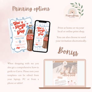 May include: Baby shower invitation design featuring a vintage soda bottle graphic with the text "She's Ready to Pop." The invitation is shown on paper, a smartphone, and a laptop screen. The design includes the event details and the "Mama Bear Paperie" logo.