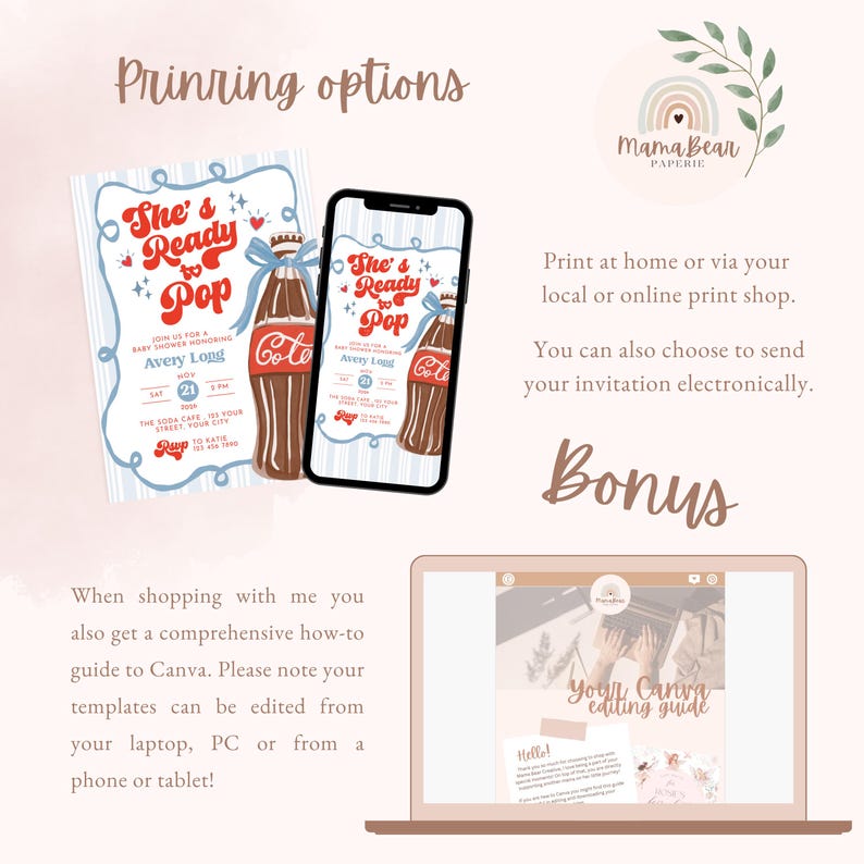 May include: Baby shower invitation design featuring a vintage soda bottle graphic with the text "She's Ready to Pop." The invitation is shown on paper, a smartphone, and a laptop screen. The design includes the event details and the "Mama Bear Paperie" logo.