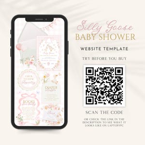 K&ouml;nnte beinhalten: Ein Smartphone zeigt eine Babyparty-Website-Vorlage mit rosa und floralem Design. Der Text enth&auml;lt "Silly Goose BABY SHOWER", "Website Template" und "Try Before You Buy". Ein QR-Code und der Text "Scan the Code" sind ebenfalls sichtbar.