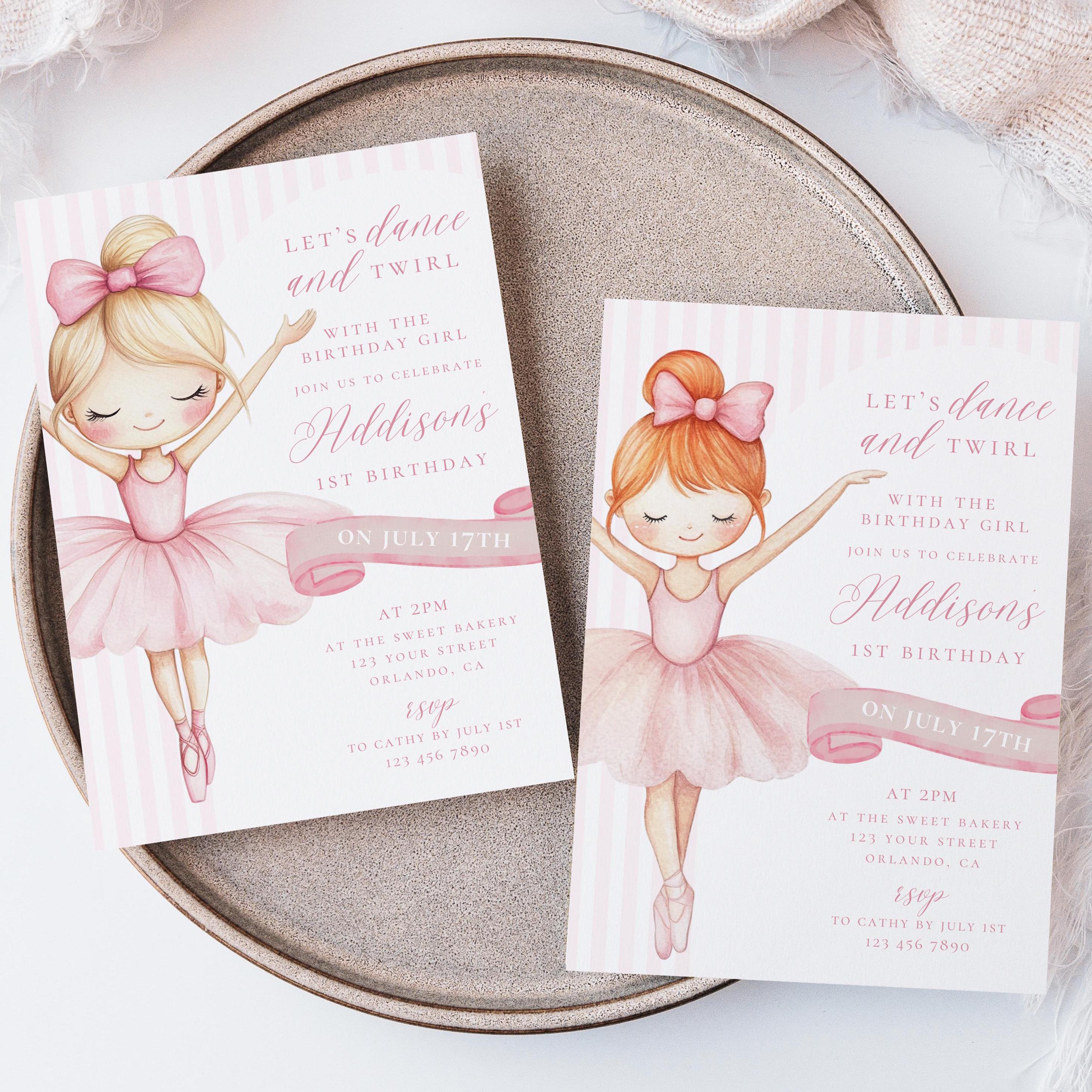 Pink Ballerina 1st Birthday Invitation: Ballet Party Template (PDF)