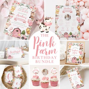 Pacchetto per la festa del primo compleanno di Pink Farm, invito di compleanno con tema fattoria, cartello di benvenuto modificabile Pink Farm, biglietti di auguri per traguardi, compleanno con animali da fattoria