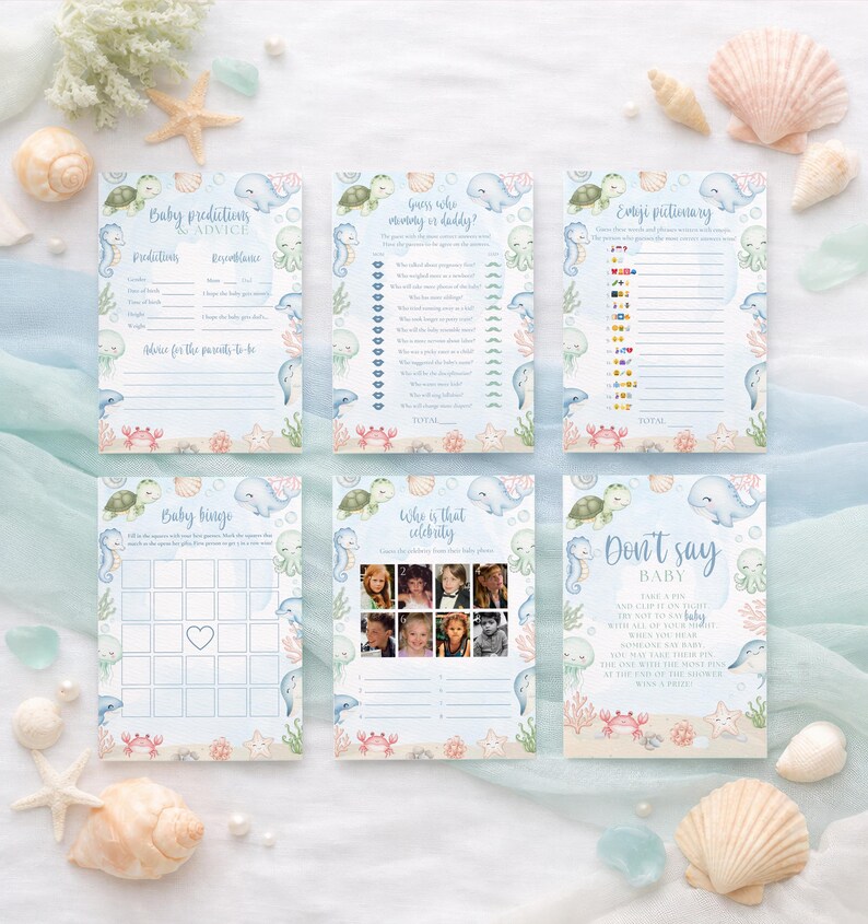 K&ouml;nnte beinhalten: Sechs Babyparty-Spielkarten mit Meeresmotiven. Jede Karte zeigt Illustrationen von Meeresbewohnern und Text wie "Baby Predictions Advice", "Guess Who is Mummy or Daddy?" und "Don't Say Baby".