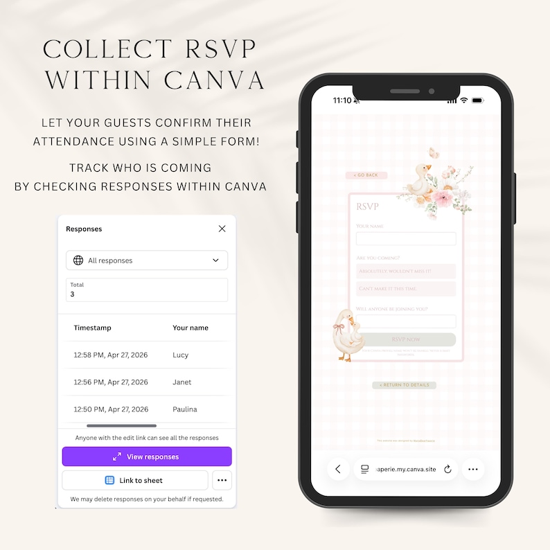 K&ouml;nnte beinhalten: Ein Smartphone zeigt ein RSVP-Formular mit floralem Design und einer Cartoon-Gans. Der Bildschirm zeigt ein Formular mit Feldern f&uuml;r G&auml;steinformationen und eine Zusammenfassung der Antworten. Text lautet "Collect RSVP Within Canva."