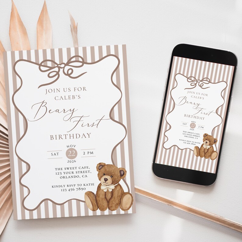 Beary First Birthday Invitation Template: Boho Teddy Bear 1st Birthday ...