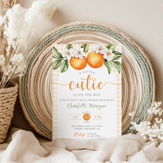 Little Cutie Baby Shower Invitation: Orange Citrus Theme (Canva Template)