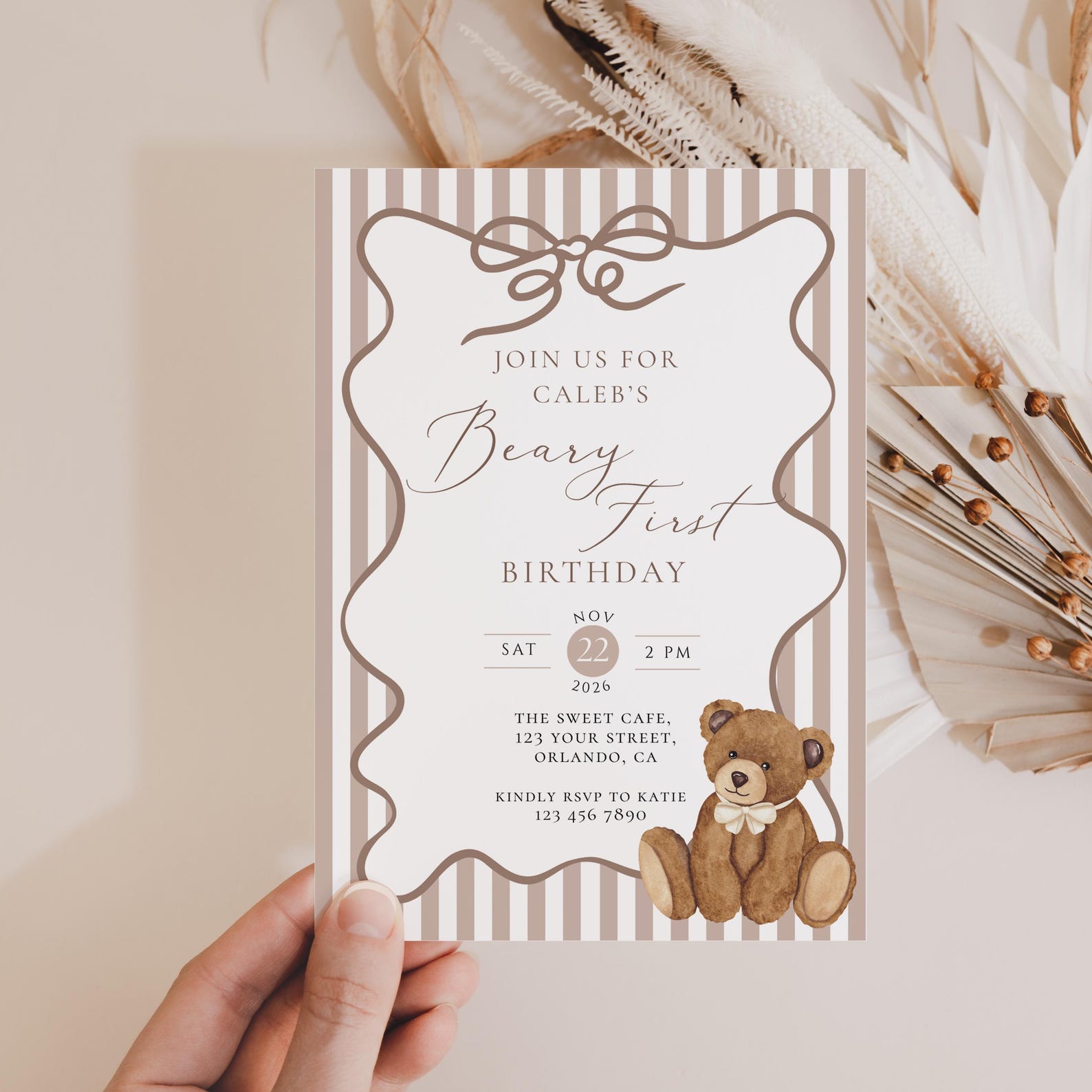 Beary First Birthday Invitation Template: Boho Teddy Bear 1st Birthday ...