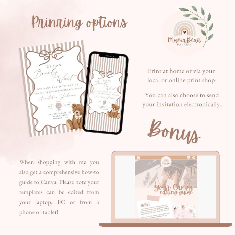 Op de afbeelding: Baby shower uitnodigingsontwerp met een teddybeer-afbeelding, weergegeven op een gedrukte kaart en een smartphone. Het ontwerp bevat de tekst "We Can Bearly Wait" en evenementdetails. Een laptop toont een Canva-bewerkingsgids.