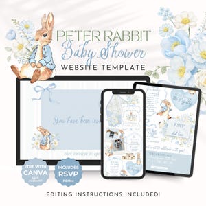 Könnte beinhalten: Eine digitale Website-Vorlage für eine Babyparty mit Peter Rabbit-Thema. Das Design umfasst ein Tablet, ein Telefon und einen Computerbildschirm, auf dem das Website-Layout angezeigt wird. Das Farbschema ist hellblau und weiß, mit floralen Akzenten und Illustrationen von Peter Rabbit.