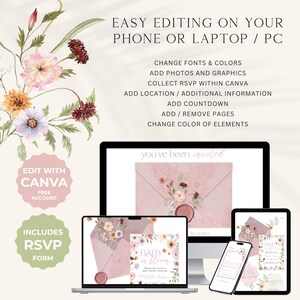 May include: A digital invitation template displayed on a computer monitor, tablet, and smartphone. The design features pink envelopes with floral illustrations and the text Baby in Bloom. Text includes Easy editing on your phone or laptop / PC.