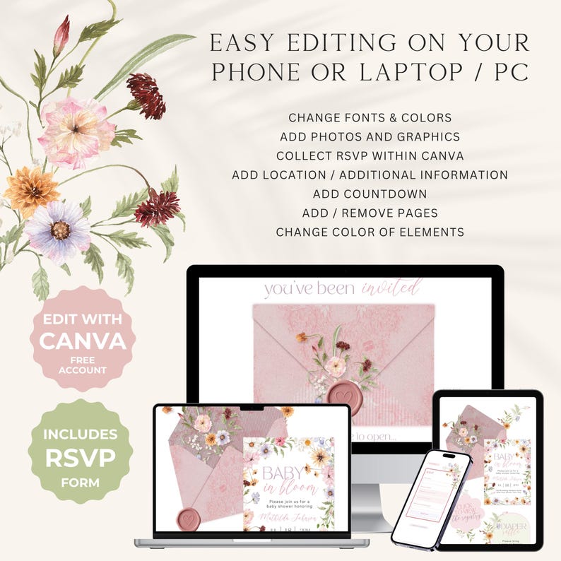 May include: A digital invitation template displayed on a computer monitor, tablet, and smartphone. The design features pink envelopes with floral illustrations and the text Baby in Bloom. Text includes Easy editing on your phone or laptop / PC.