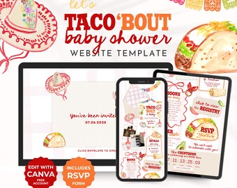 May include: A digital baby shower website template with a taco theme. The design includes a sombrero, a watercolor taco, and the text "TACO 'BOUT baby shower". The template is displayed on a tablet, phone, and computer.