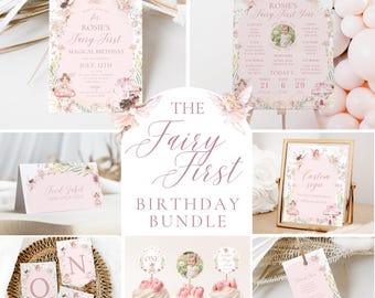 May include: A printable fairy first birthday party bundle with a pink and green color scheme. The bundle includes a birthday invitation, a sign with a custom message, a sign with a list of things the baby can do, a sign with the baby's age, cupcake toppers, and a thank you tag.