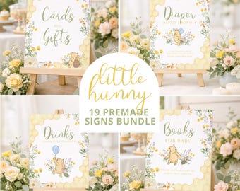 Paquete de letreros prefabricados para baby shower de Winnie the Pooh: tarjetas, regalos, recuerdos, fotomatón y más.