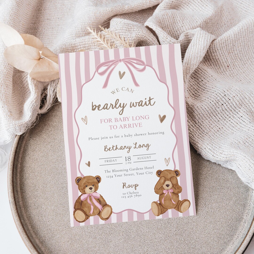 Pink Teddy Bear Baby Shower Invitation, We Can Bearly Wait Invite ...