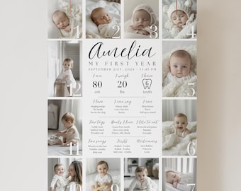 Könnte beinhalten: Eine Collage mit Fotos eines kleinen Mädchens namens Amelia, das seinen ersten Geburtstag feiert. Die Collage enthält Fotos des Babys in verschiedenen Altersstufen sowie Details zu seinem Wachstum, wie Größe, Gewicht und Anzahl der Zähne. Die Collage enthält auch eine Liste der Lieblingsdinge des Babys, darunter Lieder, Spielzeug und Lebensmittel.